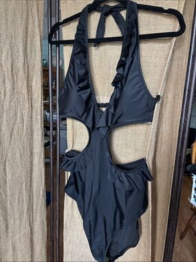 aerie Black Ruffle Cutout One-Piece Halter Swimsuit NWT